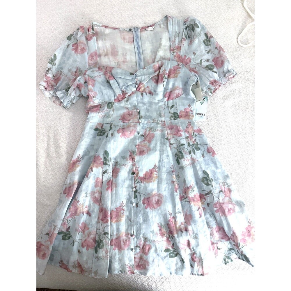 GUESS Womens L Blue Floral Fit Flare Dress Puff Sleeve Cottagecore NWT